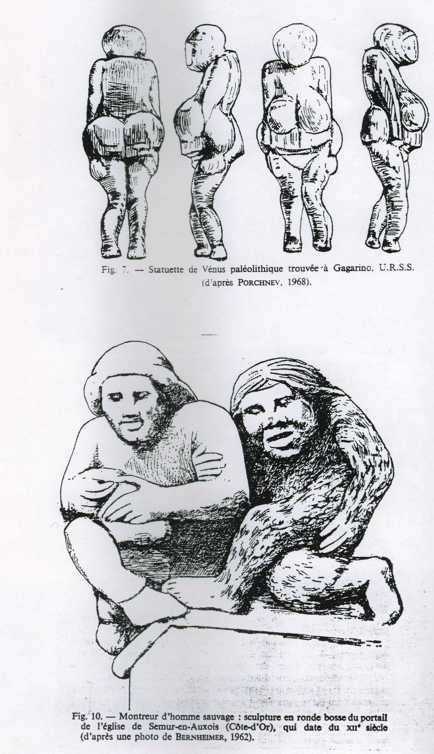 En haut, statuette de V&eacute;nus pal&eacute;olithique trouv&eacute;e &agrave; Gargarino, URSS ( d'apr&egrave;s Porchnev, 1968). En bas, Montreurs d'homme sauvage, sculpture en ronde bosse du portail de l'&eacute;glise de Semur en Auxois (c&ocirc;te d'or) , qui date du XII&egrave;me si&egrave;cle (photo de Bernheimer,1962) 